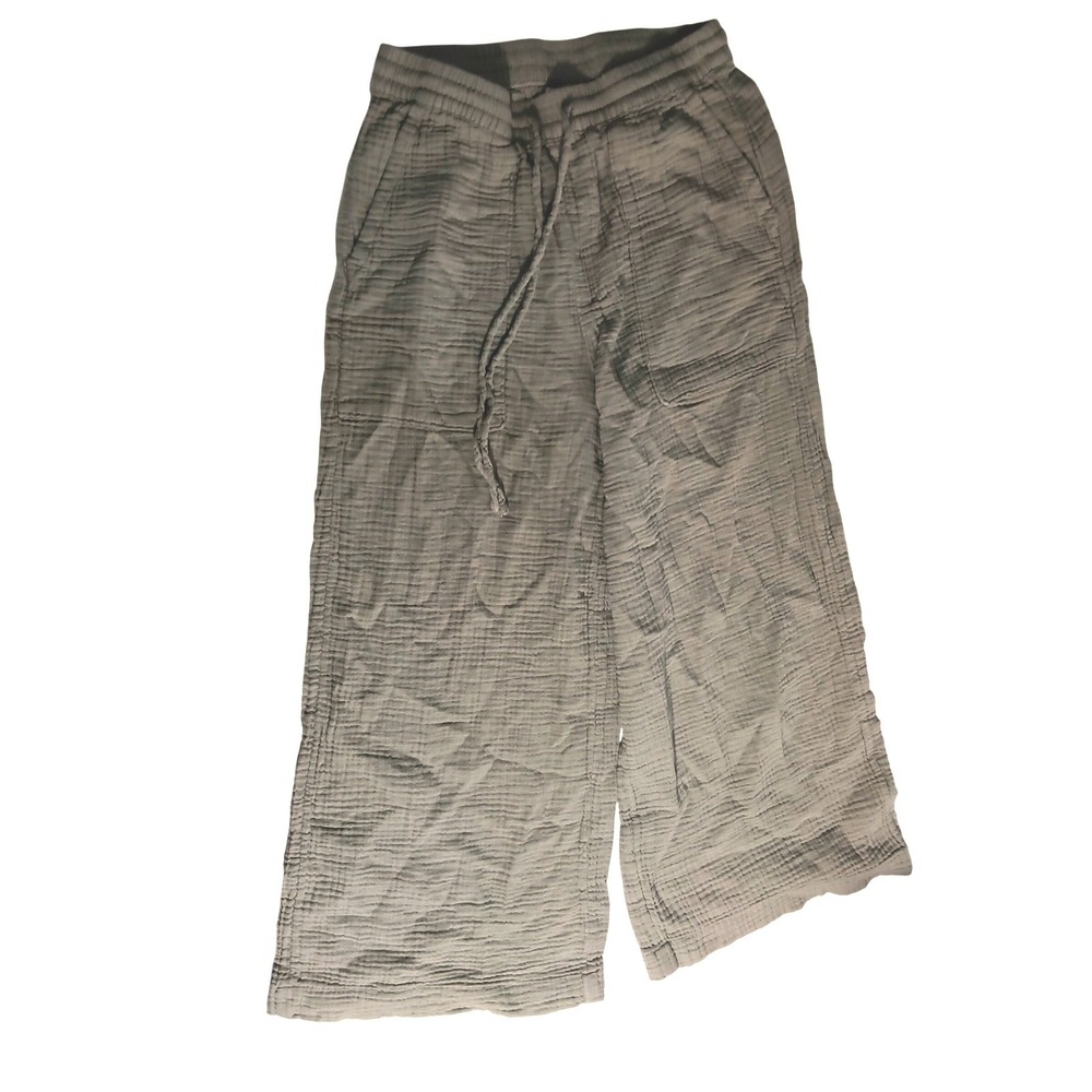 Womens Cotton Gauze Wide Leg Pants Sage Green Elastic Waist Lounge Trousers